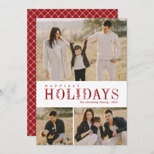 3 Photo Collage Greenery Letters Happiest Red Holiday Card
