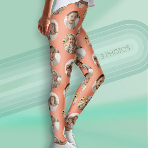 3 Photo Collage Half Brick Pattern - Coral Circle Leggings