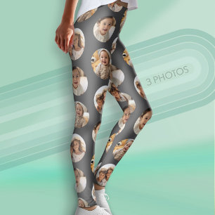 3 Photo Collage Half Brick Pattern - Grey Circle Leggings
