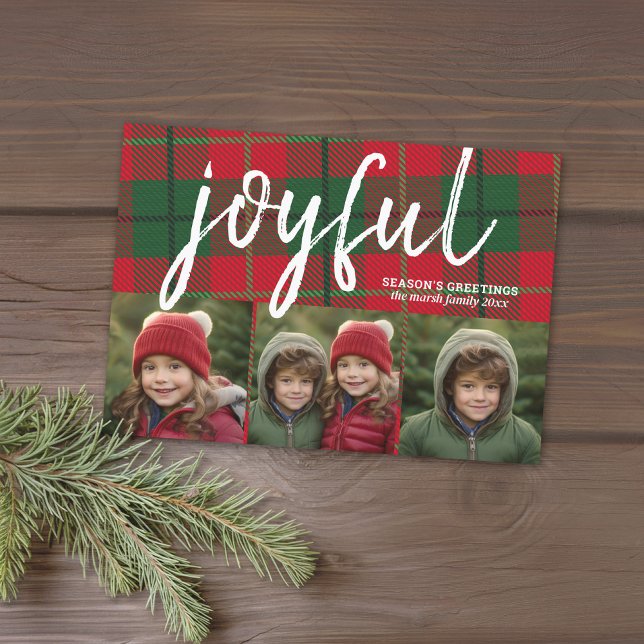 3 Photo Collage - Joyful Season's Greetings Plaid Holiday Card (3 Photo Modern Christmas Card - Bounce Calligraphy - plaid background - download option available)