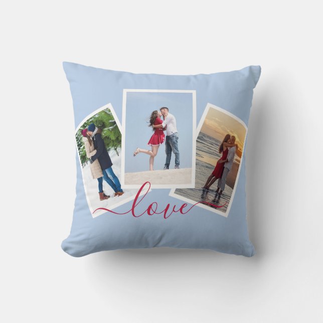 3 Photo Collage Love Red Script Light Blue Cushion (Front)