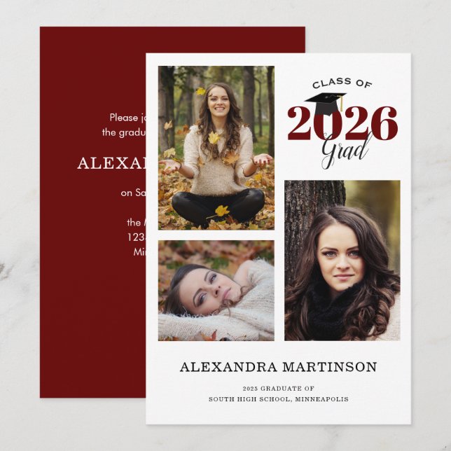 3 Photo Collage Maroon Graduation Invitation (Front/Back)