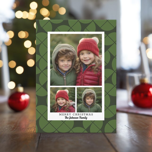 3 Photo Collage - MCM arch pattern Christmas Green Holiday Card (Christmas Photo Collage Card)