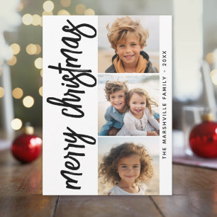 3 Photo Collage Merry Christmas - black white Holiday Card