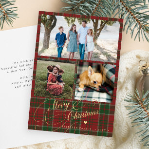 3 photo collage Merry Christmas script plaid Holiday Card