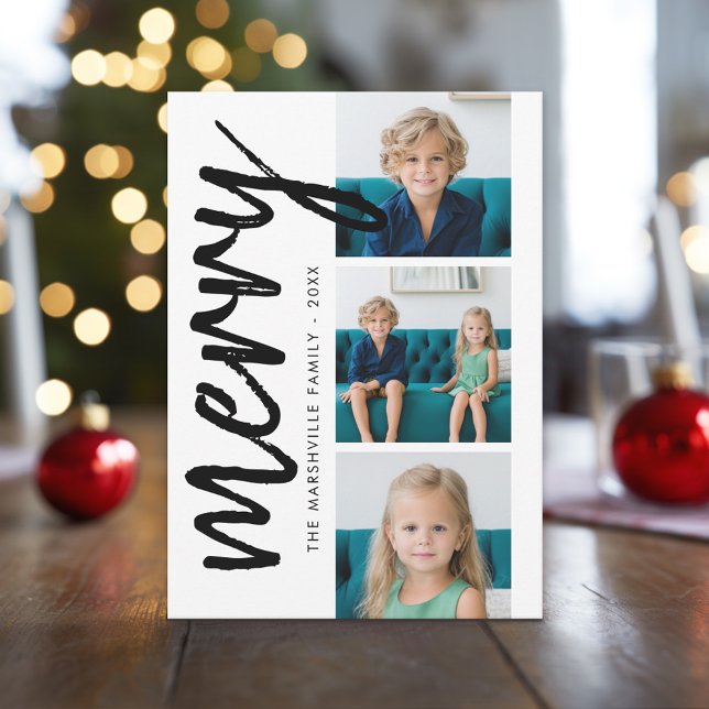 3 Photo Collage Minimal Be Merry black white Holiday Card (Custom Holiday Photo Greeting Card)
