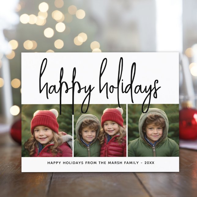 3 Photo Collage Minimal black white - Happy Holiday Card (3 Photo modern calligraphy design)