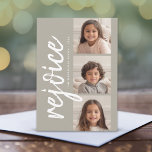 3 Photo Collage Minimal Rejoice Merry Christmas Holiday Card<br><div class="desc">Add three pics to make a modern and non-traditional look. Farmhouse Taupe with a Huge Chevron Pattern - A merry and bright Christmas greeting with a rustic script calligraphy greeting.</div>