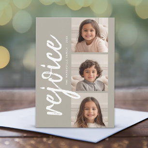 3 Photo Collage Minimal Rejoice Merry Christmas Holiday Card
