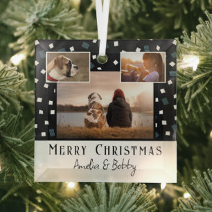 3 Photo Collage Modern Black White Christmas  Glass Tree Decoration
