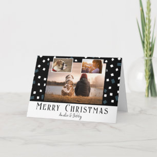 3 Photo Collage Modern Black White Christmas Holiday Card
