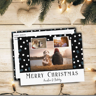 3 Photo Collage Modern Black White Christmas Holiday Postcard