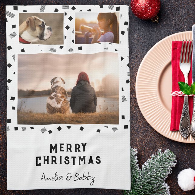 3 Photo Collage Modern Black White Christmas Tea Towel (Creator Uploaded)