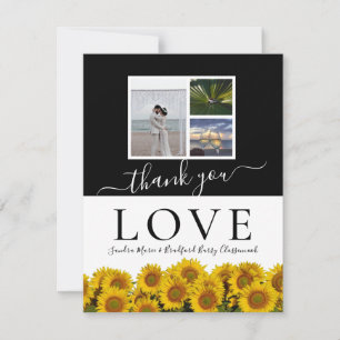 3 Photo collage  modern black white sunflower Thank You Card