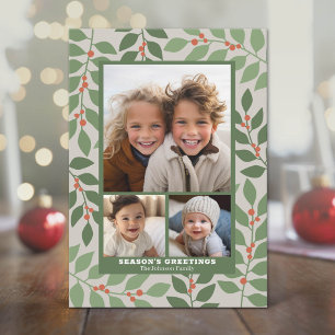 3 Photo Collage Modern Botanical Season's Greeting Holiday Card