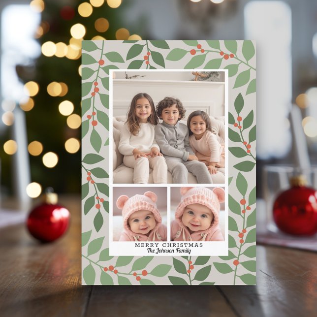 3 Photo Collage Modern Botanical Season's Greeting Holiday Card (Modern Christmas Photo Greeting Card)