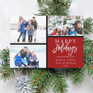 3 Photo Collage Modern Happy Holidays Red Holiday Card