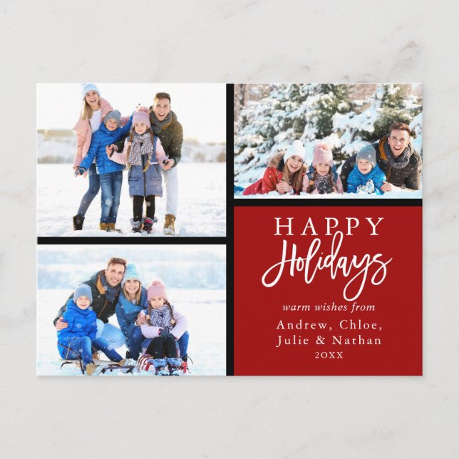 3 Photo Collage Modern Happy Holidays Red Holiday Postcard (Front)