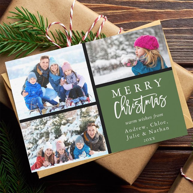 3 Photo Collage Modern Merry Christmas Green Holiday Card (Creator Uploaded)