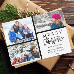 3 Photo Collage Modern Merry Christmas Holiday Card