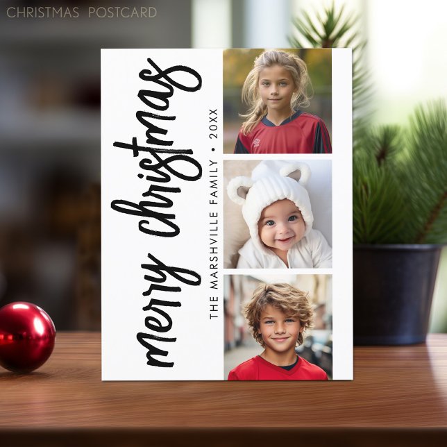 3 Photo Collage - Modern Merry Christmas Postcard (Online Christmas Card Template. Modern design with place to add photos and text.)