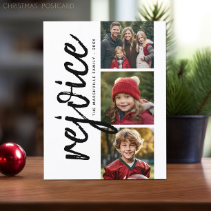 3 Photo Collage - Modern Merry Christmas Rejoice Postcard