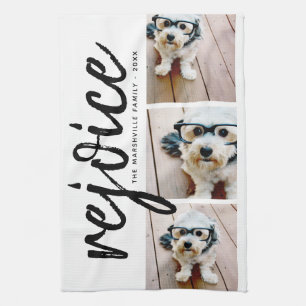 3 Photo Collage - Modern Merry Christmas Rejoice Tea Towel