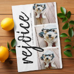 3 Photo Collage - Modern Merry Christmas Rejoice Tea Towel<br><div class="desc">Use three pictures and make a unique and trendy Merry Christmas greeting with a black and white theme. If you need to move anything around,  click on the customise button to make changes.</div>
