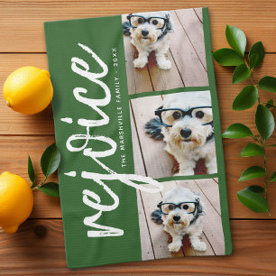 3 Photo Collage - Modern Merry Christmas Rejoice Tea Towel