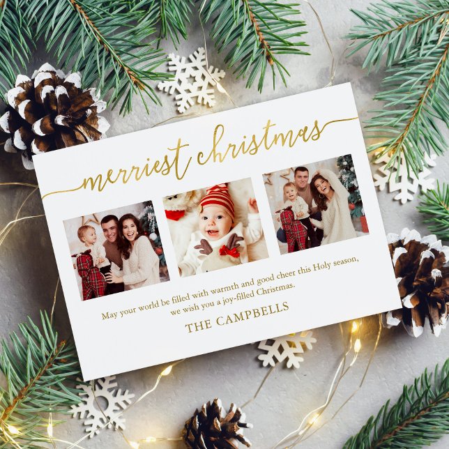 3 Photo Collage Modern Script "Merriest Christmas" Holiday Card (Creator Uploaded)