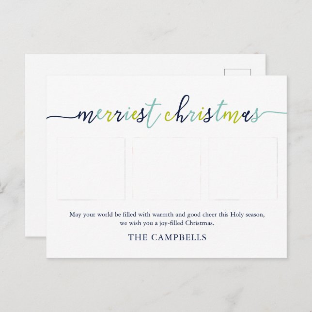 3 Photo Collage Modern Script "Merriest Christmas" Holiday Postcard (Front/Back)