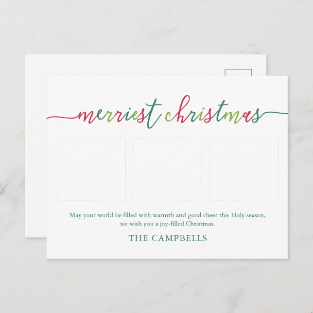 3 Photo Collage Modern Script "Merriest Christmas Holiday Postcard (Front/Back)