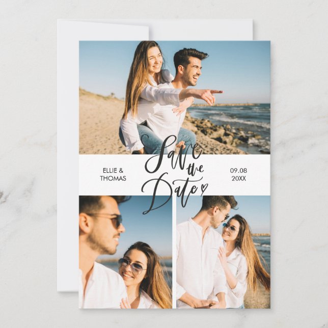 3 Photo Collage Modern Script Save the Date Invitation (Front)