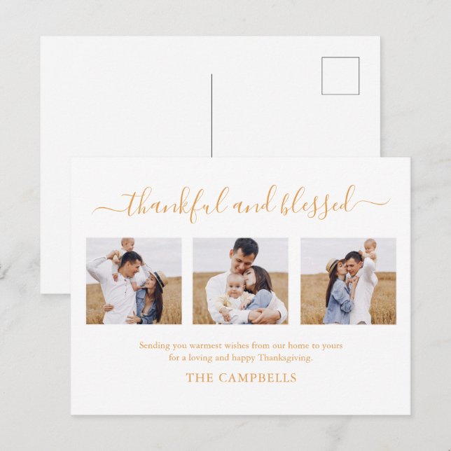 3 Photo Collage Modern Script Thanksgiving Holiday Postcard (Front/Back)