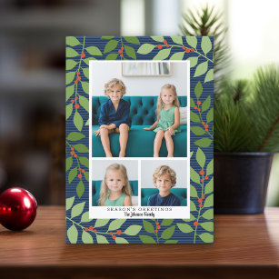 3 Photo Collage Navy Botanical Season's Greeting Holiday Card