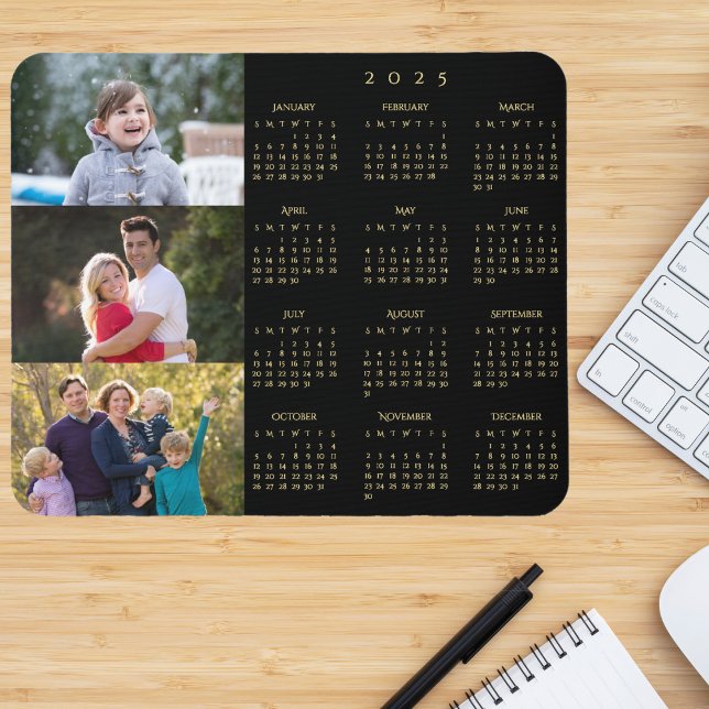 3 Photo Collage Personalised Family 2025 Calendar Mouse Pad (3 Photo Collage Personalized Family 2025 Calendar Mouse Pad)