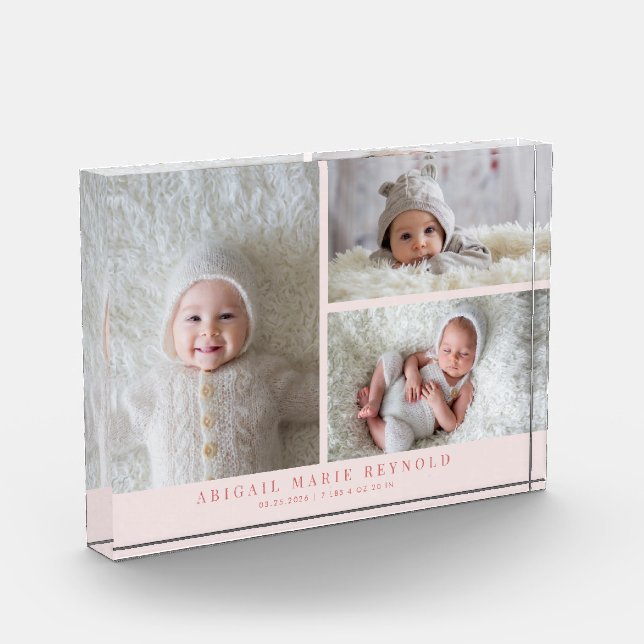 3 Photo Collage Pink New Baby Keepsake  (Left)