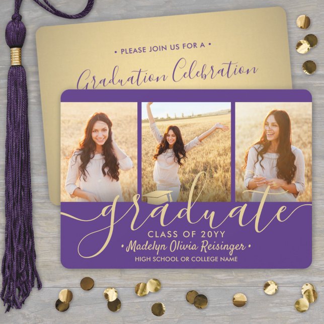 3 Photo Collage Purple and Gold Graduation Party Invitation (Creator Uploaded)