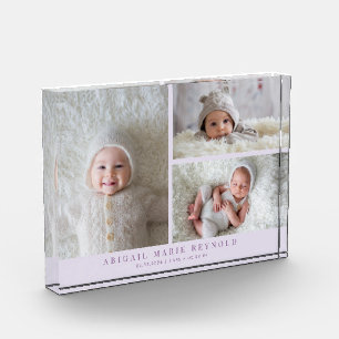 3 Photo Collage Purple New Baby Keepsake Block
