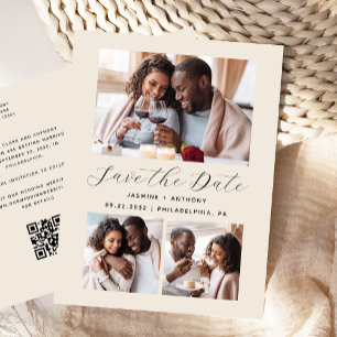 3-Photo Collage QR Code Beige Save the Date Postcard