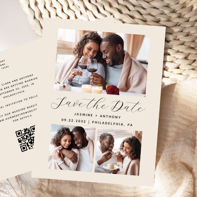 3-Photo Collage QR Code Beige Save the Date Postcard (Creator Uploaded)