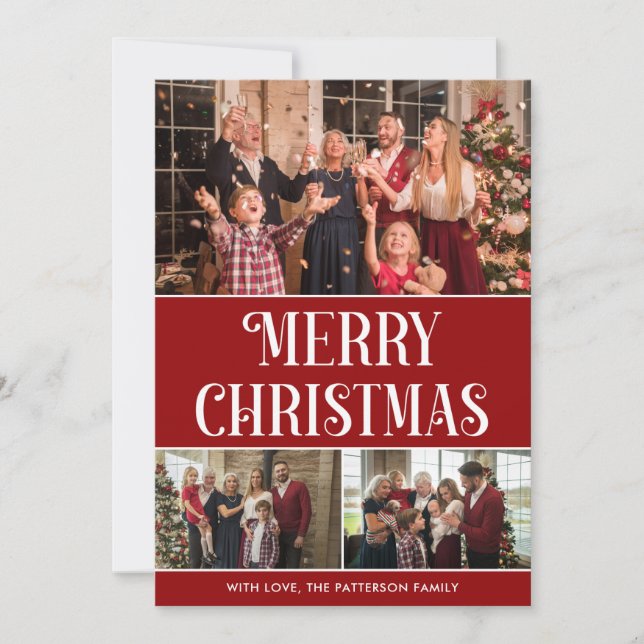 3 Photo Collage Red and White Merry Christmas  Holiday Card (Front)