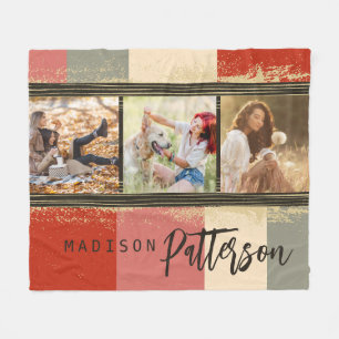 3 Photo Collage Rustic Abstract Personalised Name Fleece Blanket