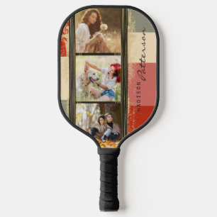3 Photo Collage Rustic Abstract Personalised Name Pickleball Paddle