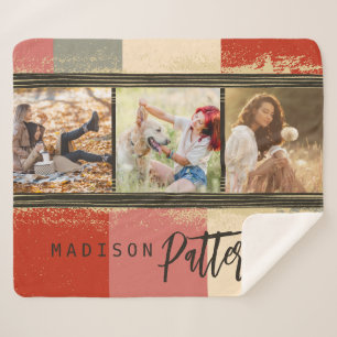 3 Photo Collage Rustic Abstract Personalised Name Sherpa Blanket