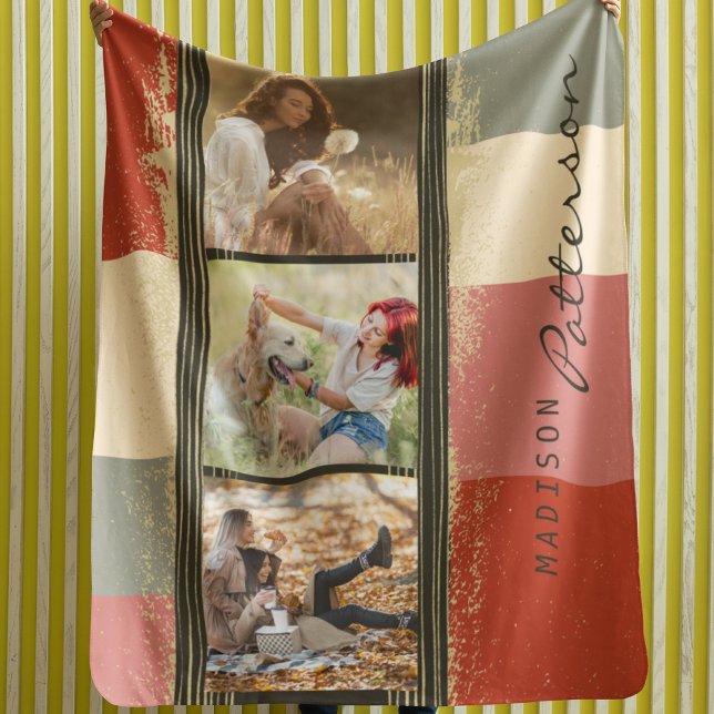 3 Photo Collage Rustic Abstract Personalised Name Sherpa Blanket (Creator Uploaded)