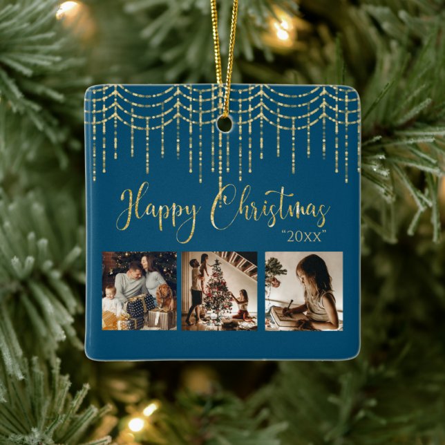 3 Photo Collage Rustic Garland Lights Ceramic Cera Ornament (Tree)