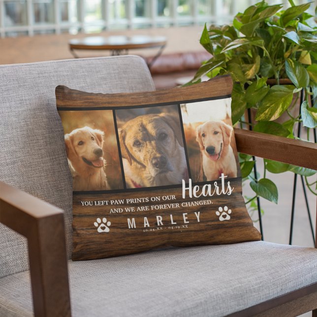 3 Photo Collage Rustic Pet Loss Memorial Cushion (Creator Uploaded)