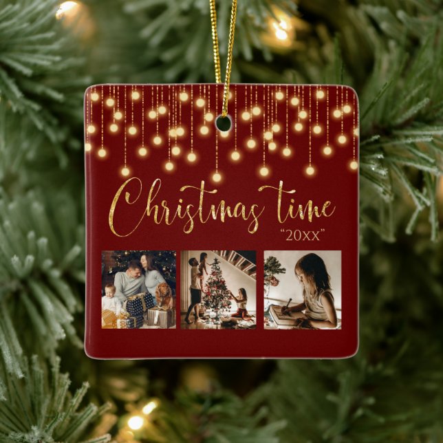 3 Photo Collage Rustic String Lights Ceramic Ornament (Tree)