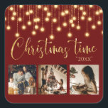 3 Photo Collage Rustic String Lights Christmas Square Sticker<br><div class="desc">“Christmas time” in beautiful faux gold script on a red background. Replace photos with 3 of your personal favourite photos.  Gold faux string lights/ lanterns hanging down.  Change the year and what a beautiful Christmas sticker. Perfect for Christmas card envelope stickers.</div>